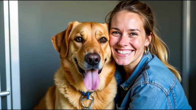 A woman affectionately hugs a dog with its tongue hanging out