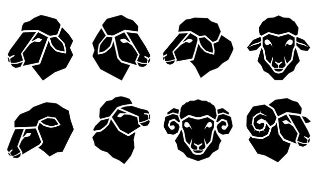 Sheep face and horned sheep head silhouette icon set
