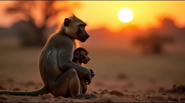 Monkey sitting on the ground with a baby, great for a family or nature scene