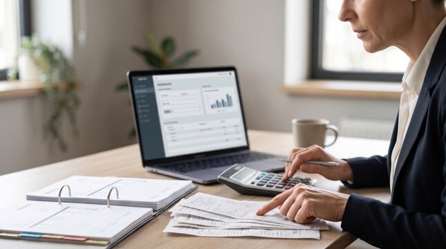 Accountant calculating digital VAT returns with financial software and paper receipts