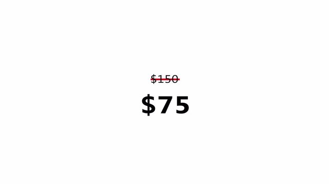 Price drop animation ,old to new price on transparent background in 4K .$150 to $75 price drop animation with Alpha Channel