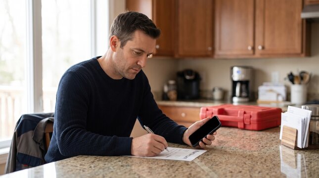 Homeowner paying a repair invoice by smartphone beside a toolbox in the kitchen