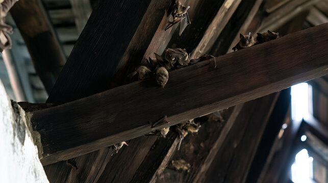 Bats resting on wooden beams inside an old building
