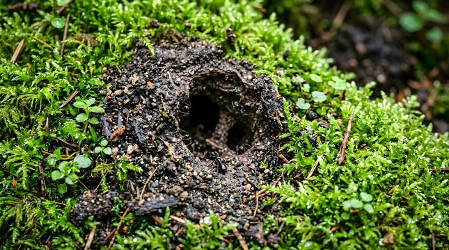Ant Nest Hole in Green Moss Close Up Macro