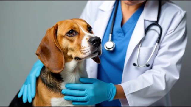 A dog being examined by a vet in a clinic setting