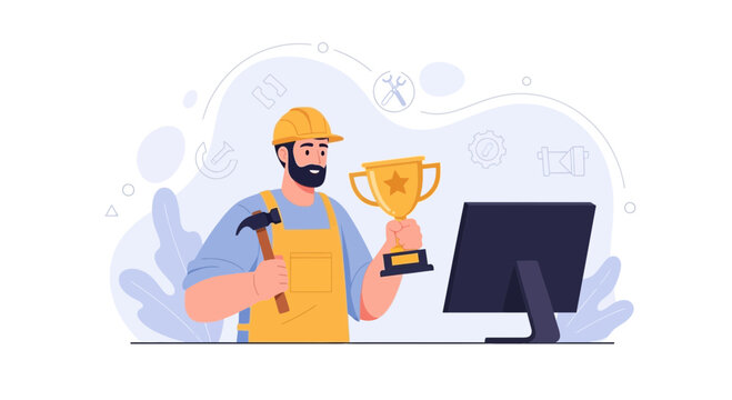 Skilled Worker Holding Trophy and Hammer Next to Computer, Celebrating Achievement
