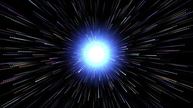 Glowing multicolored light speed warp tunnel and hyperspace streak animation on a dark background - 4K video