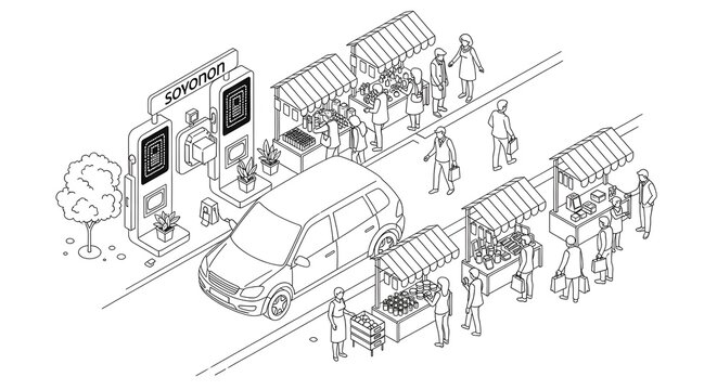 Illustrated street scene with food trucks and customers.