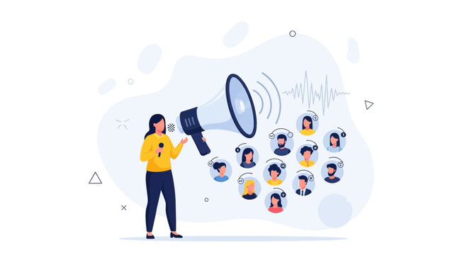 Speaker with Megaphone Broadcasting Message to Diverse Audience - Vector Illustration