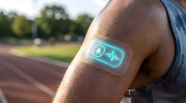 Close up of a person s sweaty arm with a glowing health patch displaying hyd n and heartbeat symbols while running on an outdoor track