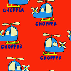 Blue helicopter pattern in flat illustration style on a vibrant red background for children's textile design © SA Graphic Desing