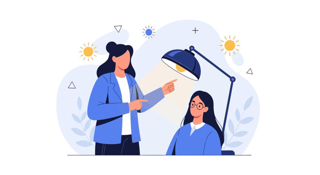 Teacher or Mentor Guiding Student Under Desk Lamp