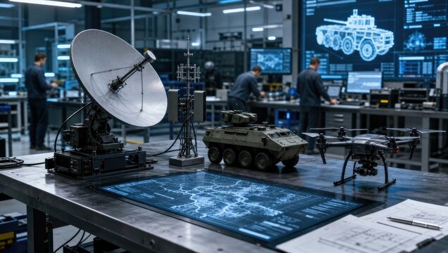 Military technology research and development with drone, tank, satellite dish and screens.
