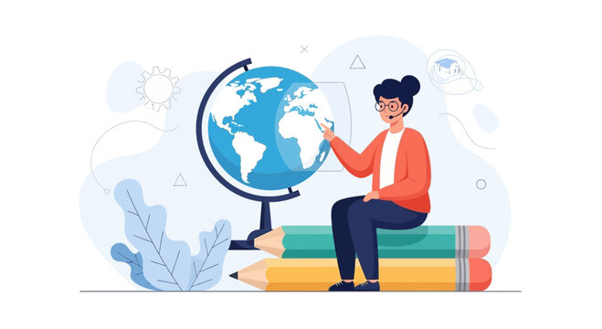 Teacher points to globe sitting on giant pencils, symbolizing education and global learning
