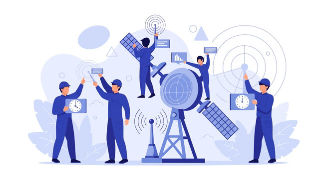 Team of engineers installing satellite dish and solar panels, communication technology concept illustration
