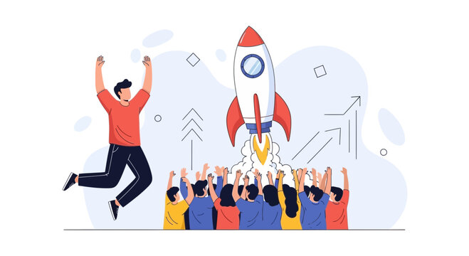 Team celebrates successful rocket launch, symbolizing startup growth, innovation, and achieving goals with enthusiasm and excitement.
