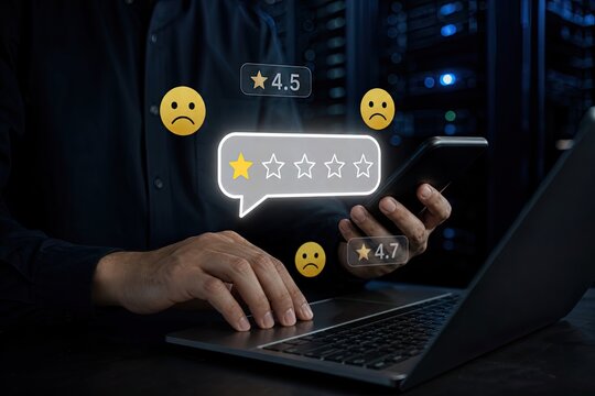 Customer service feedback review system on laptop with low one star rating icon and sad emoji faces representing poor user experience and client feedback concept.