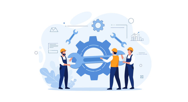 Team of Engineers Working Together on Gear Mechanism, Vector Illustration, Symbolizing Collaboration and Engineering Solutions