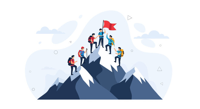 Team of hikers reaching mountain summit with flag, symbolizing teamwork, success, and achievement in a modern flat design.