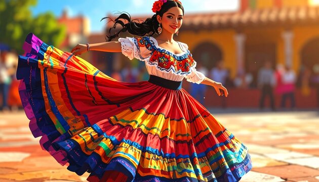 Hispanic Heritage Month Baile Folklorico Dancer in Traditional Colorful Mexican Dress