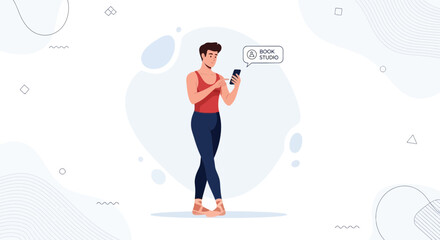 Obraz premium Young Male Dancer Using Mobile App to Book Dance Studio Class, Modern Illustration