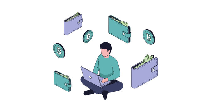 Isometric Illustration of a Man Using Laptop for Cryptocurrency Trading and Digital Wealth Management with Floating Bitcoin Coins and Wallets