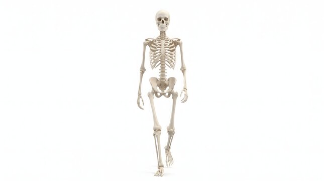 Full human skeleton standing isolated on white background for halloween decoration and medical study purposes