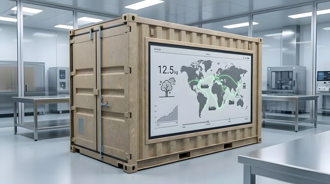 A large shipping container equipped with a digital screen displaying world map routes  carbon footprint  and weight data  situated inside a clean  high tech laboratory environment