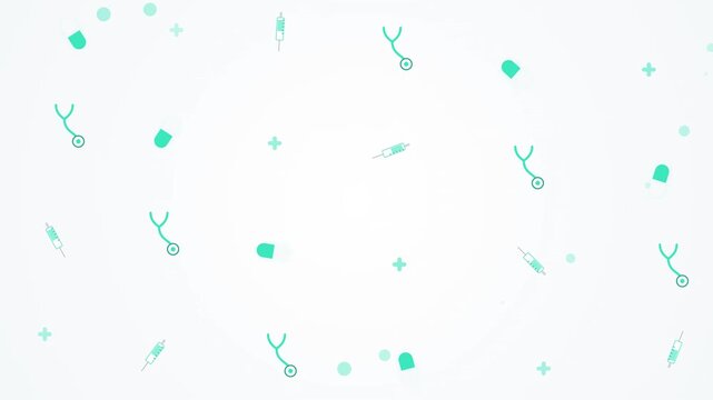 Minimalist medical background pattern featuring floating turquoise stethoscope, syringe and pill icons on a clean white backdrop for healthcare