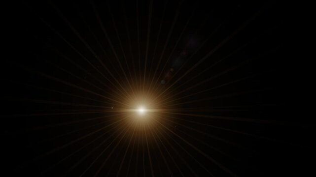 Golden Sunburst Lens Flare Radiant Light Rays Optical Glow Overlay Isolated Black Background 4K Video
