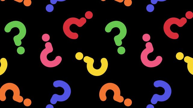 Abstract video background with colorful question marks, loop backdrop. Presentation, customer service, conversation, communication, faq help concept animated background