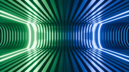 Fototapeta premium Futuristic 3D tunnel background with green blue neon lights, ideal for tech banners, sci-fi concepts, abstract stages, and modern gaming displays