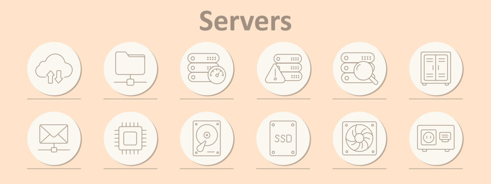 Servers set icon. Sync cloud, linked folder, gauge servers, alert, search, cabinet unit, mail server, processor chip, hard disk, ssd drive, cooling fan, power outlet.