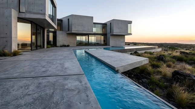 Brutalist concrete house with long blue swimming pool.