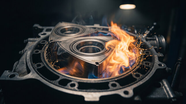 Rotary engine rotor with fire flame and oil splash during combustion