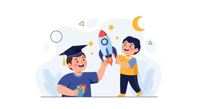 Two children, one with a graduation cap, joyfully launch a toy rocket, symbolizing education, dreams, and future exploration