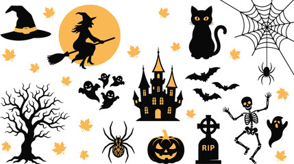 Fototapeta premium Halloween spooky silhouette elements vector collection with haunted castle, pumpkin, and witch hat