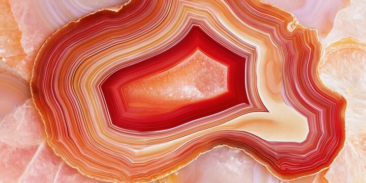 Polished agate slice with concentric red and orange bands on pink crystal background