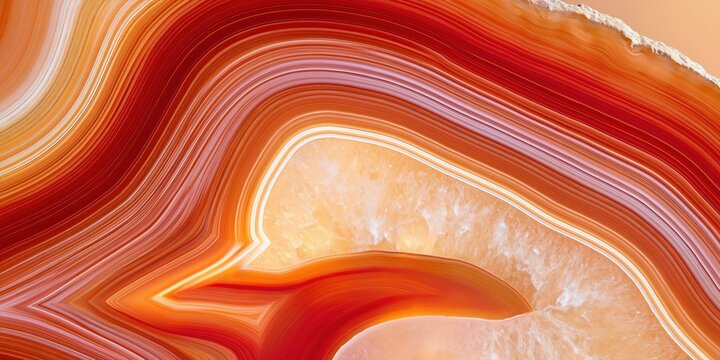 Polished agate cross section with concentric orange and red bands