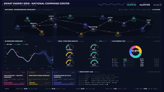 Explore a futuristic smart energy grid command center dashboard featuring advanced data visualizations and real-time metrics in an atmospheric, high-tech environment.