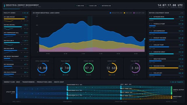 Explore a cinematic dark-mode industrial energy management dashboard featuring real-time analytics, vibrant color accents, and dynamic data visualizations in 4K resolution.