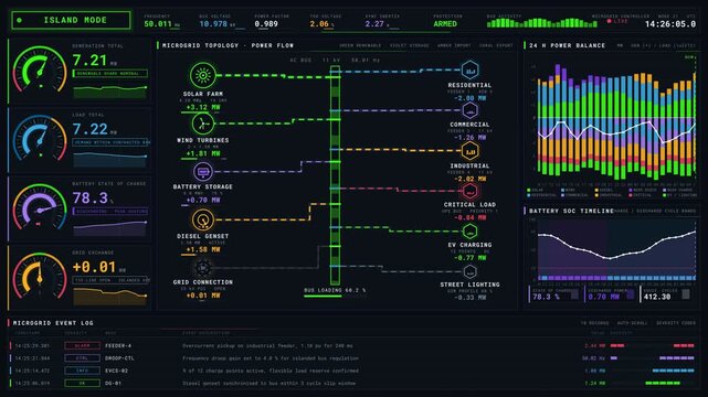 Explore a sophisticated 4K microgrid management dashboard featuring interactive topology, real-time gauges, and animated power flow in a vibrant color palette.