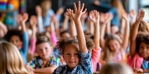 Fototapeta premium Diverse group of happy children raising hands in classroom, focused on curious girl with curly hair, bright colors, engaging learning environment.