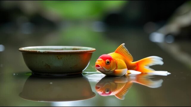 A goldfish swimming next to a bowl of water