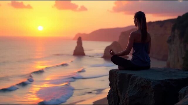 A woman sitting on top of a rock next to the ocean, great for travel or beach-themed ry