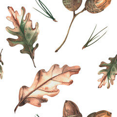 A seamless pattern with autumn oak leaves and acorns. Hand-painted with watercolors on a white background. A set of autumn watercolor elements for themed design. © Ulyana
