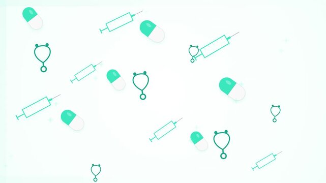 Medical pattern featuring teal stethoscopes, syringes and capsule pills floating on a white background for healthcare science motion graphic design