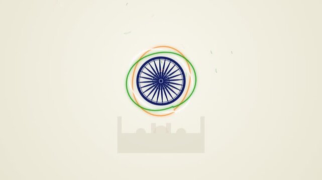 Ashoka chakra emblem spinning with flowing indian tricolor rings in a smooth motion graphic video clip representing national pride and patriotic celebration for independence day festivities