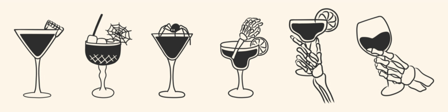 Halloween cocktail doodle clipart. Hand drawn spooky drink with garnishes, spider webs and skeleton hands. Vector illustration