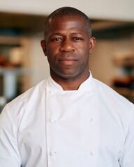 Obraz premium Close portrait of chef in white uniform with neutral expression